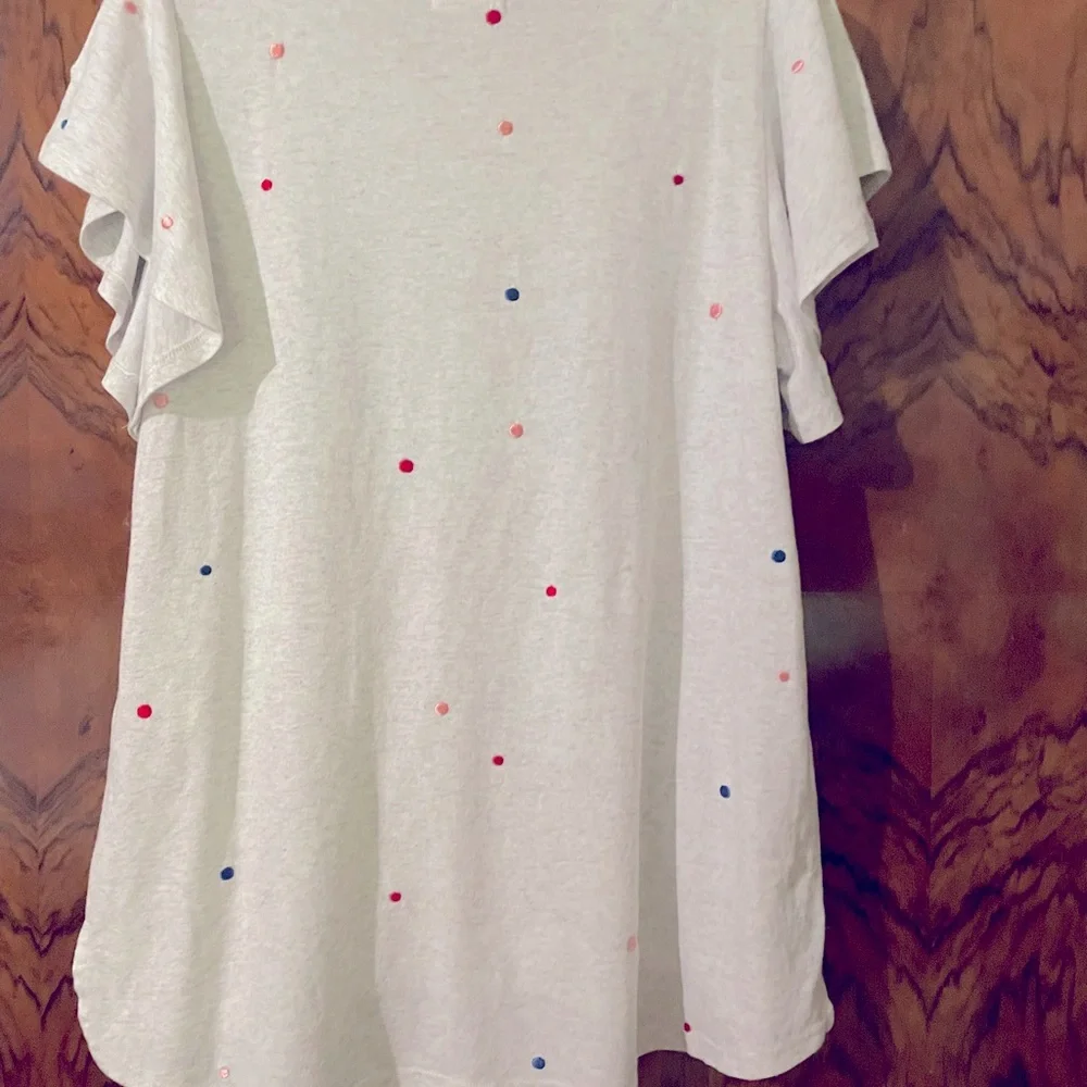 Anthropologie Flutter Sleeve Tee with multi colored embroidered Swiss Dots. - Picture 5 of 15
